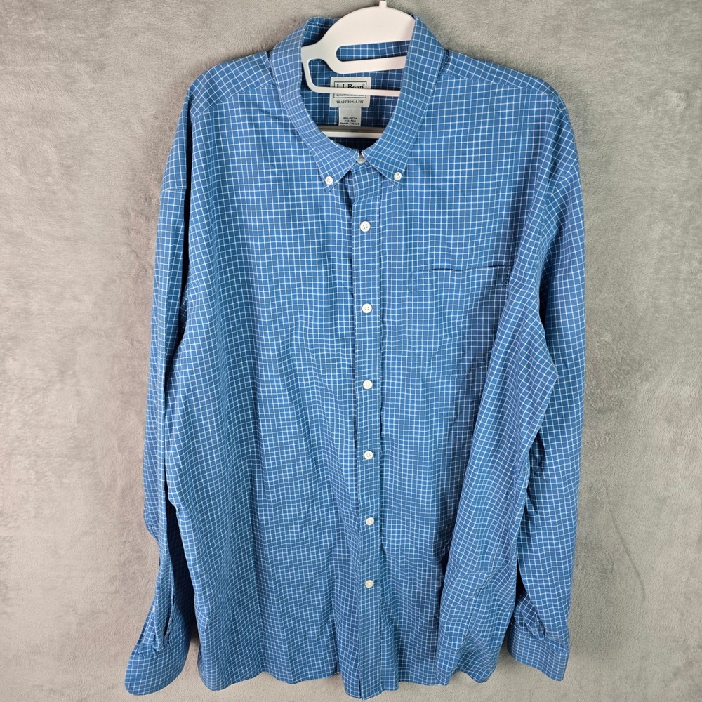 LL Bean Mens Blue White Micro Grid Check Button Down Shirt XXL 275569